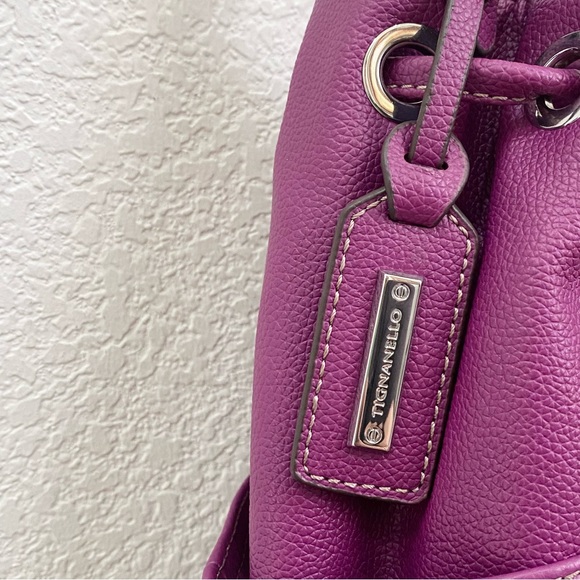 TIGNANELLO Purple Magenta Pebbled Leather Drawstring Tassel Bucket Shoulder Bag - Picture 14 of 16